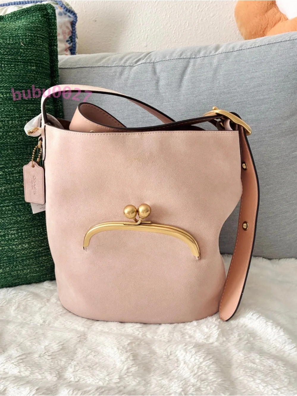 NWT🍑Coach Bleecker Suede Bucket Bag With Kisslock CFB82 Nuage Dusty Pink Nude